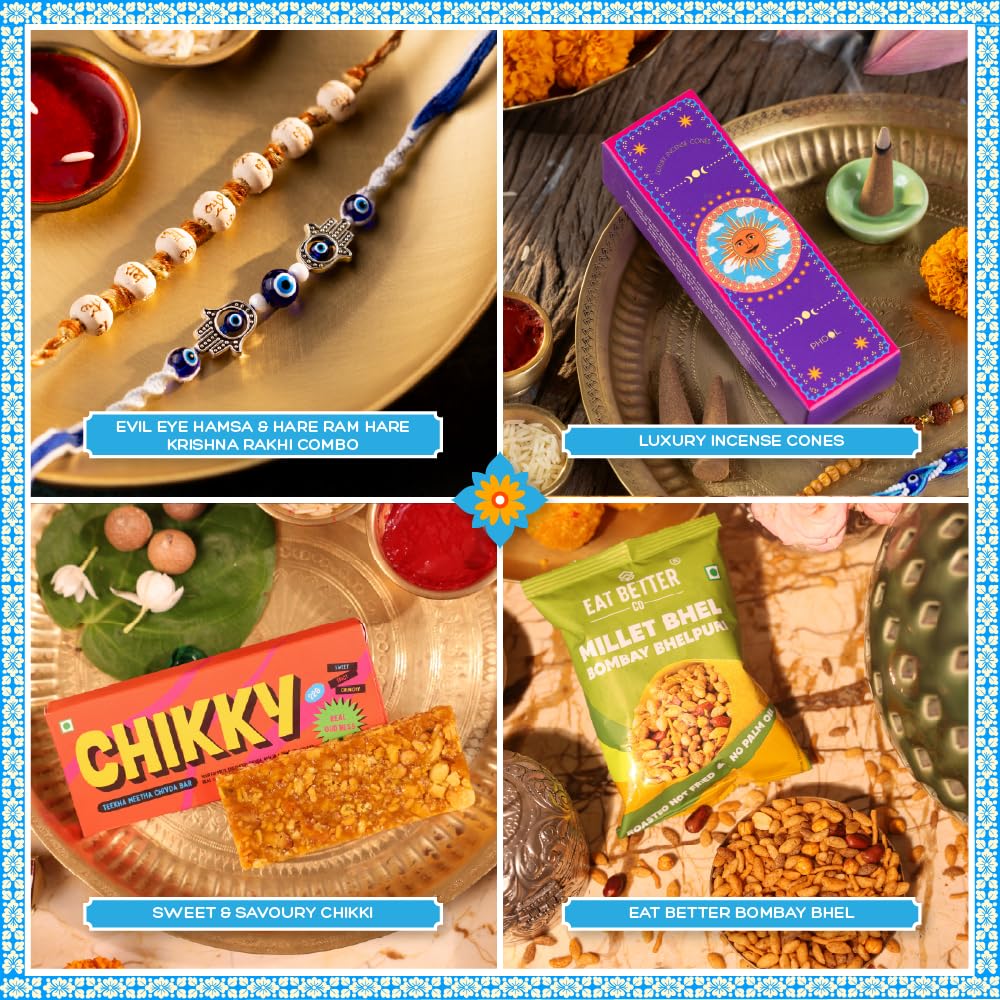 Phool Bandhan Rakhi Gift Hamper for Brother | 10-Item Rakhi Gift Set with 2 Rakhis, Incense, Laddoo & Chikki | Rakhi Gift Box
