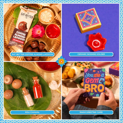 Phool Bandhan Rakhi Gift Hamper for Brother | 10-Item Rakhi Gift Set with 2 Rakhis, Incense, Laddoo & Chikki | Rakhi Gift Box