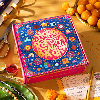 Phool Bandhan Rakhi Gift Hamper for Brother | 10-Item Rakhi Gift Set with 2 Rakhis, Incense, Laddoo & Chikki | Rakhi Gift Box