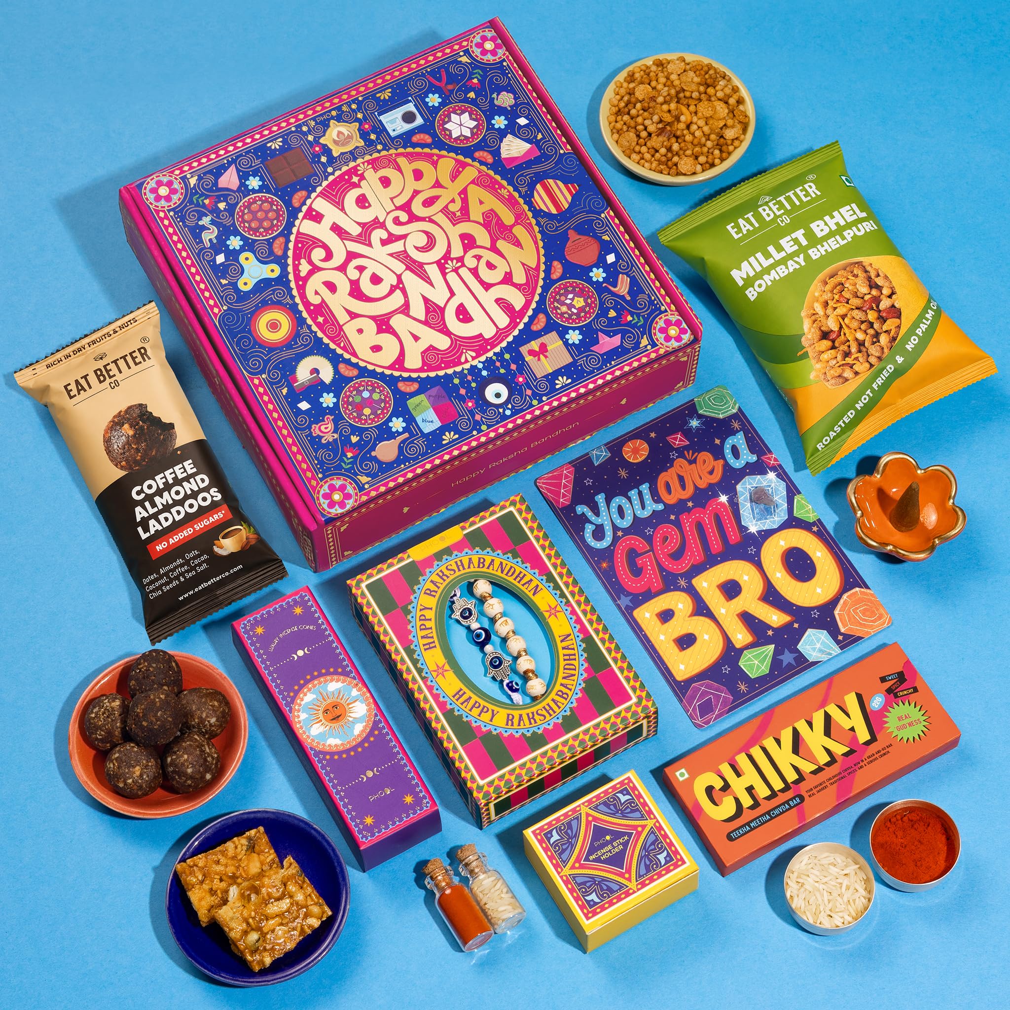 Phool Bandhan Rakhi Gift Hamper for Brother | 10-Item Rakhi Gift Set with 2 Rakhis, Incense, Laddoo & Chikki | Rakhi Gift Box