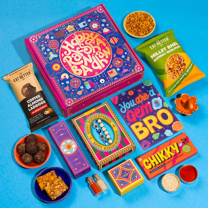 Phool Bandhan Rakhi Gift Hamper for Brother | 10-Item Rakhi Gift Set with 2 Rakhis, Incense, Laddoo & Chikki | Rakhi Gift Box