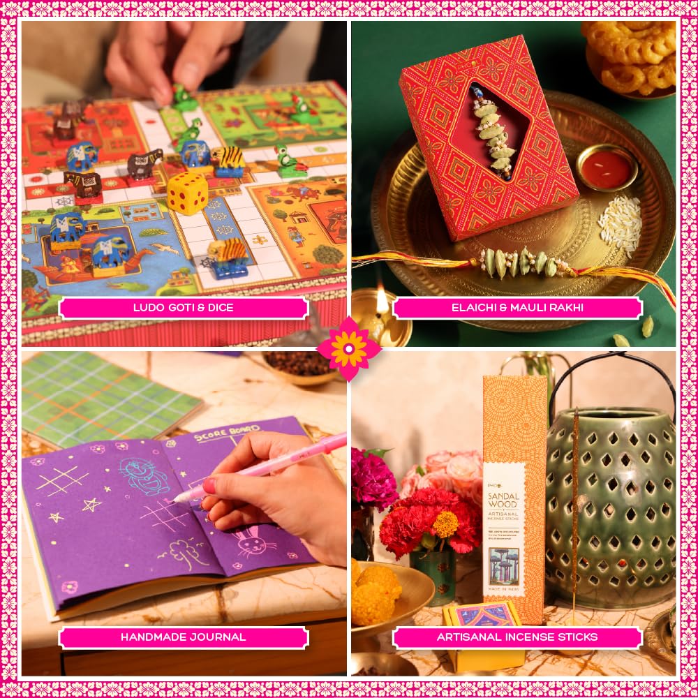 Phool Ludo Rakhi Gift Hamper for Brother | 13-Item Rakhi Gift Box with Elaichi Rakhi, Coffee, Laddoo, Chikki, Soap & Ludo Gam