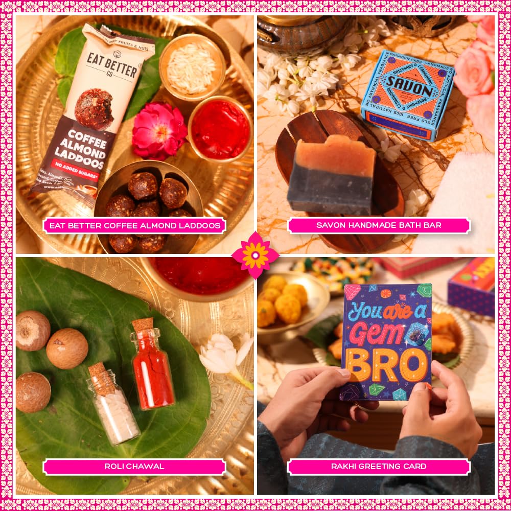 Phool Ludo Rakhi Gift Hamper for Brother | 13-Item Rakhi Gift Box with Elaichi Rakhi, Coffee, Laddoo, Chikki, Soap & Ludo Gam