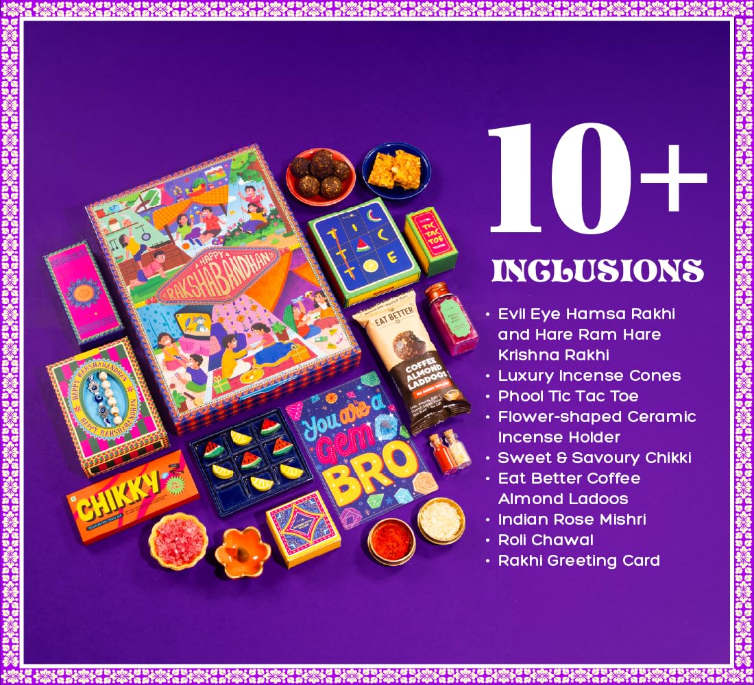 Phool Nostalgia Rakhi Gift Hamper for Brother | 11-Item Rakhi Gift Box with 2 Rakhis, Tic Tac Toe, Incense, Laddoo & Chikki |