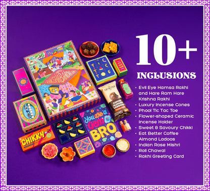 Phool Nostalgia Rakhi Gift Hamper for Brother | 11-Item Rakhi Gift Box with 2 Rakhis, Tic Tac Toe, Incense, Laddoo & Chikki |