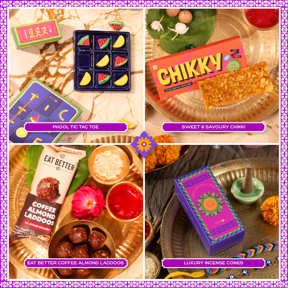 Phool Nostalgia Rakhi Gift Hamper for Brother | 11-Item Rakhi Gift Box with 2 Rakhis, Tic Tac Toe, Incense, Laddoo & Chikki |