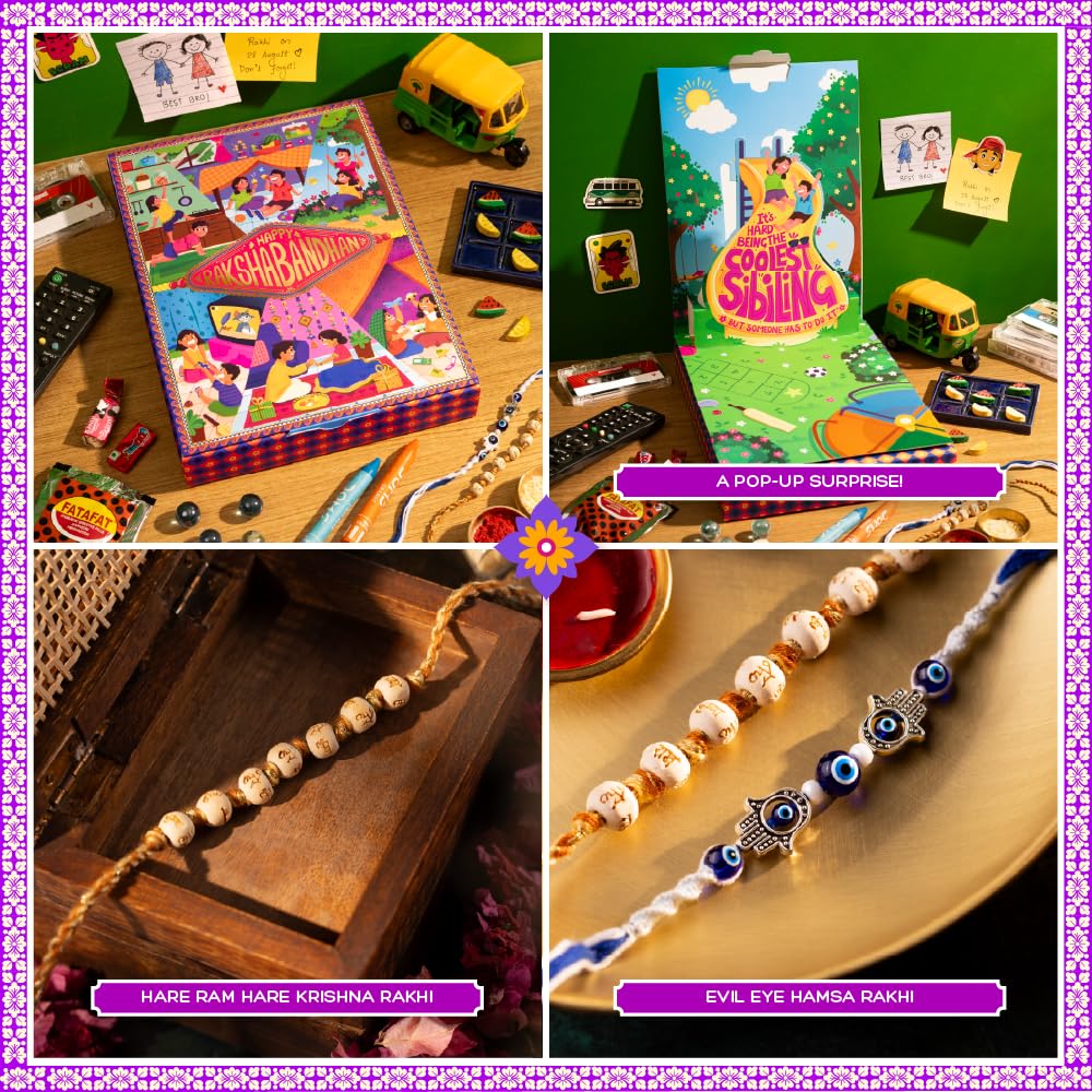 Phool Nostalgia Rakhi Gift Hamper for Brother | 11-Item Rakhi Gift Box with 2 Rakhis, Tic Tac Toe, Incense, Laddoo & Chikki |