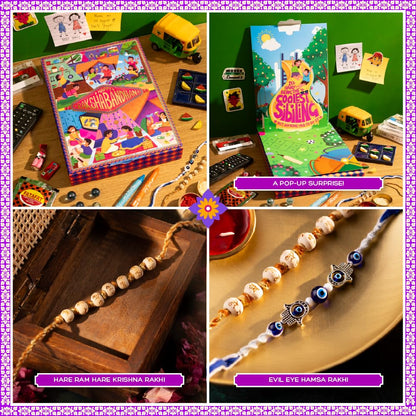 Phool Nostalgia Rakhi Gift Hamper for Brother | 11-Item Rakhi Gift Box with 2 Rakhis, Tic Tac Toe, Incense, Laddoo & Chikki |