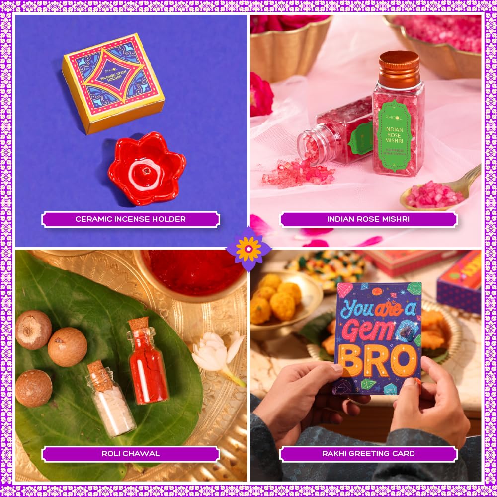 Phool Nostalgia Rakhi Gift Hamper for Brother | 11-Item Rakhi Gift Box with 2 Rakhis, Tic Tac Toe, Incense, Laddoo & Chikki |