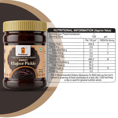 PICKCHAAR Sweet Khajoor Pickle with Dry Fruits, Homestyle Specialty Pickle, No Artificial Preservatives, Available in Multipl