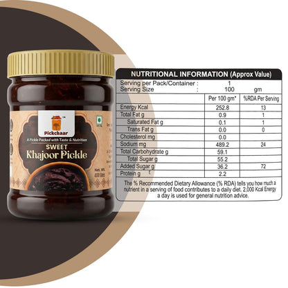 PICKCHAAR Sweet Khajoor Pickle with Dry Fruits, Homestyle Specialty Pickle, No Artificial Preservatives, Available in Multipl