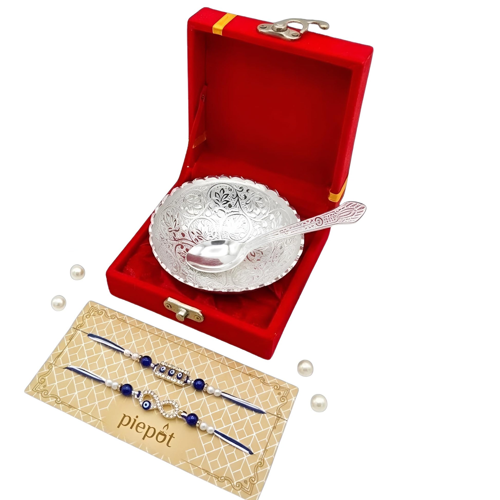 Piepot Rakhi for Brother, Rakhi Gift Set for Brother, German Silver Bowl and Spoon with Designer Rakhi, Raksha Bandhan Gift H
