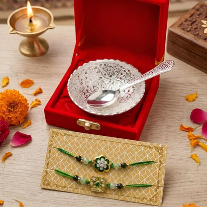 Piepot Rakhi for Brother, Rakhi Gift Set for Brother, German Silver Bowl and Spoon with Designer Rakhi, Raksha Bandhan Gift H