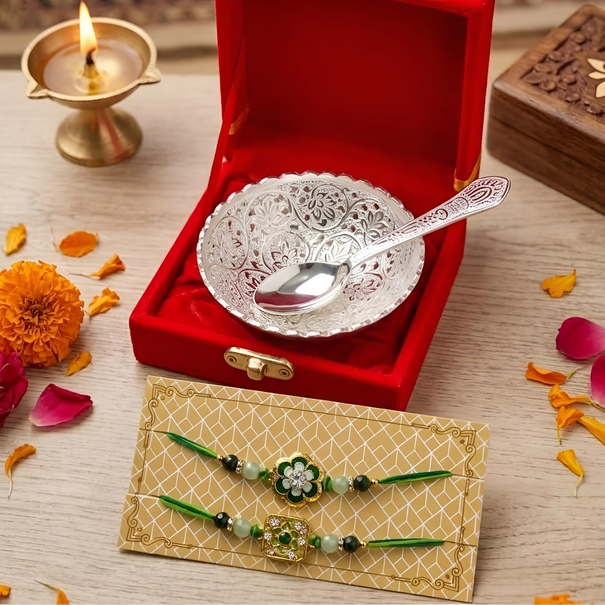 Piepot Rakhi for Brother, Rakhi Gift Set for Brother, German Silver Bowl and Spoon with Designer Rakhi, Raksha Bandhan Gift H