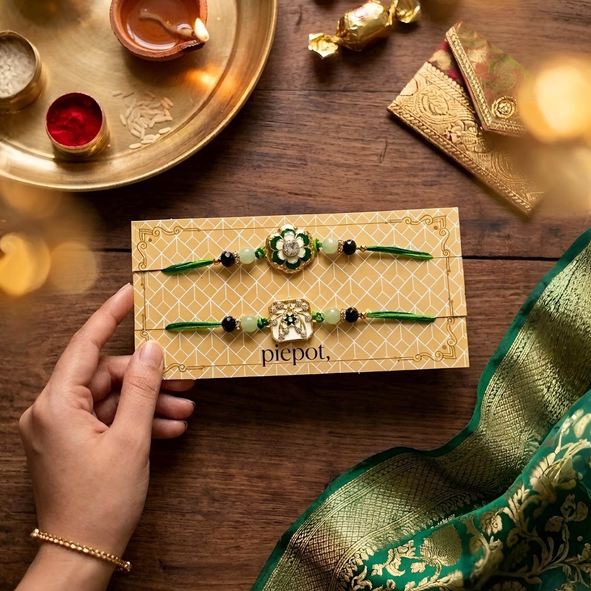 Piepot Rakhi for Brother, Rakhi Gift Set for Brother, German Silver Bowl and Spoon with Designer Rakhi, Raksha Bandhan Gift H
