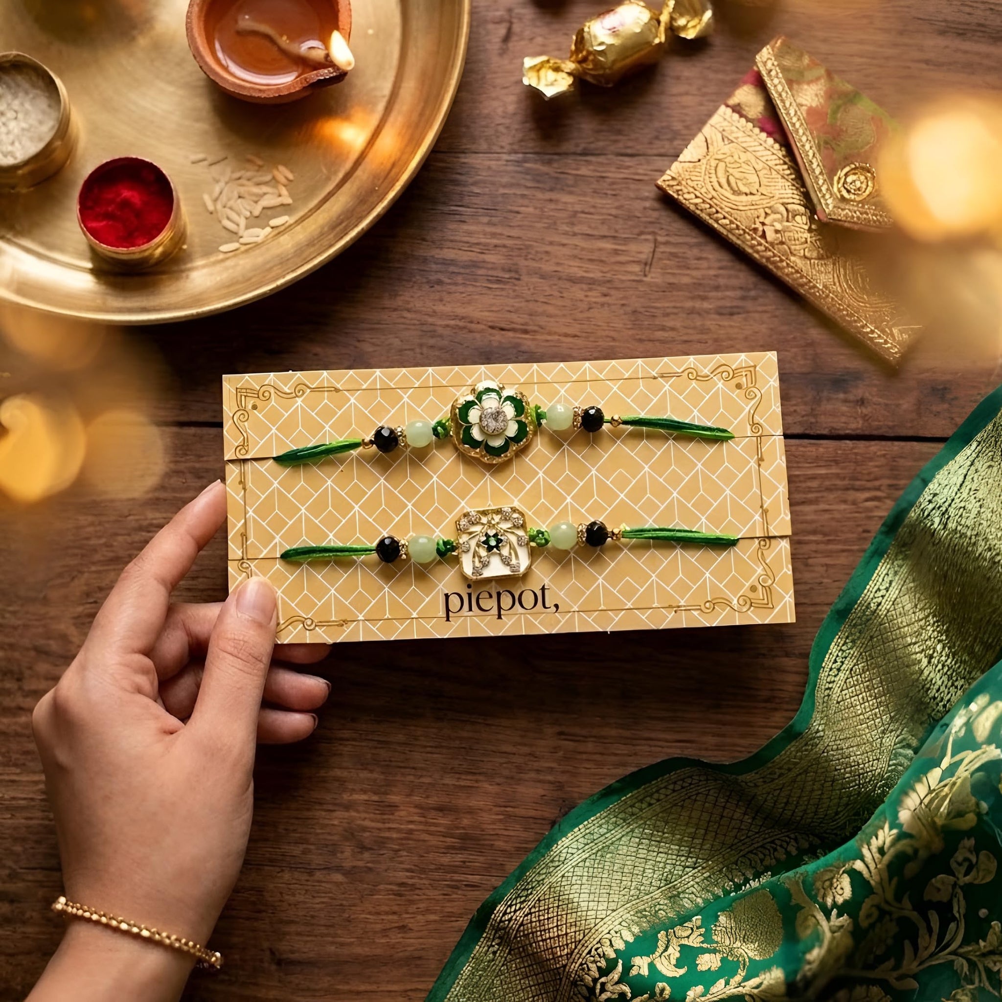 Piepot Rakhi for Brother, Rakhi Gift Set for Brother, German Silver Bowl and Spoon with Designer Rakhi, Raksha Bandhan Gift H
