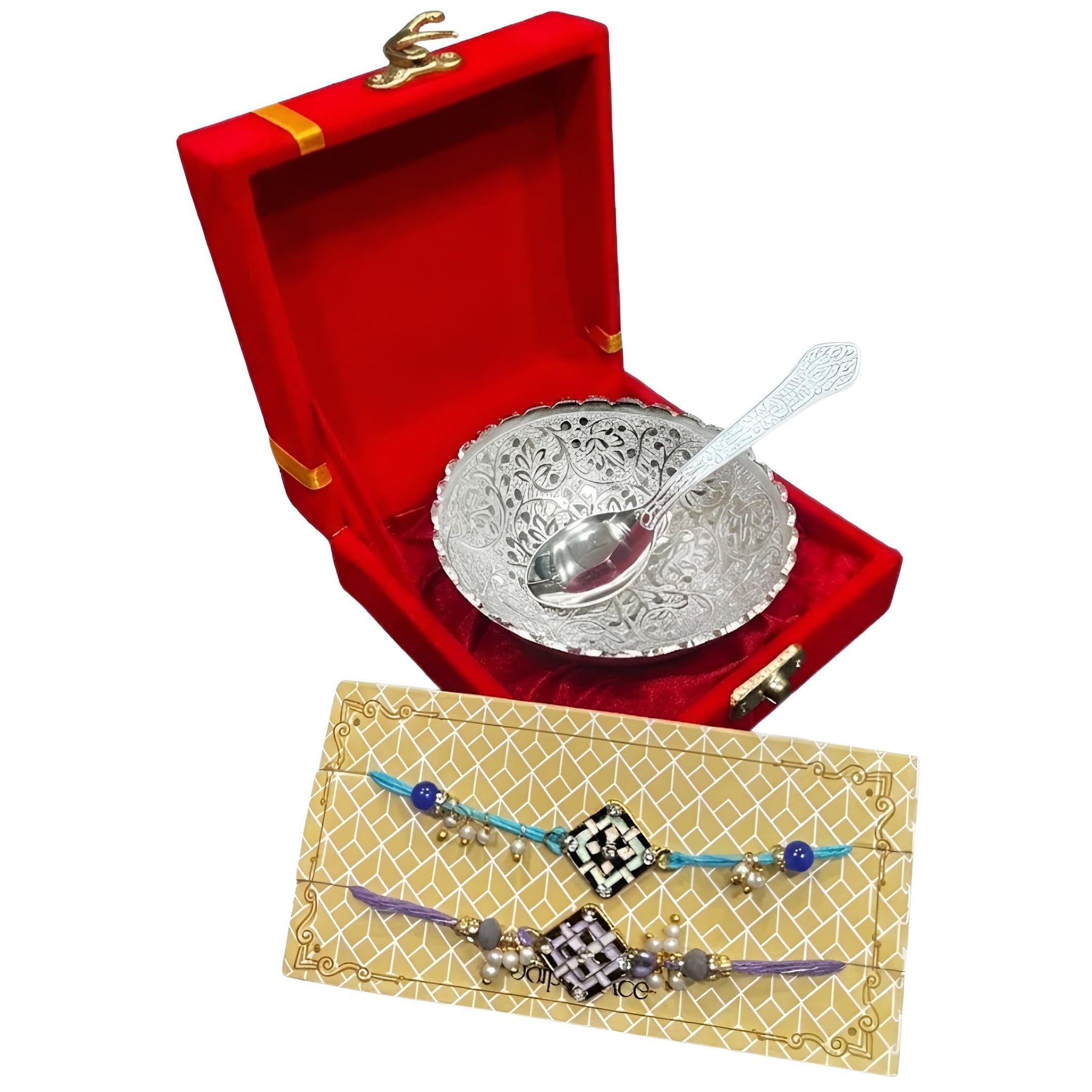 Piepot Rakhi for Brother, Rakhi Gift Set for Brother, German Silver Bowl and Spoon with Designer Rakhi, Raksha Bandhan Gift H