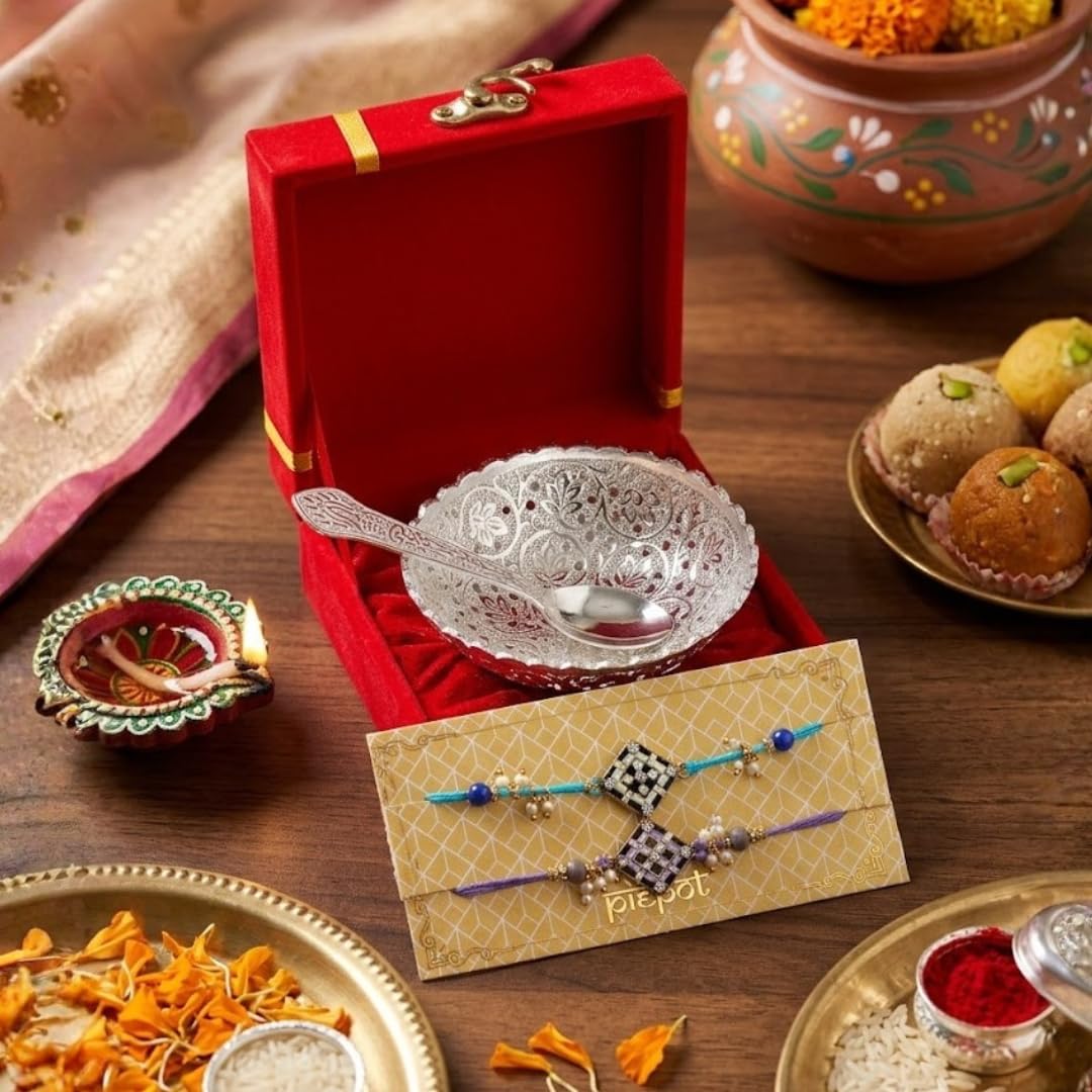 Piepot Rakhi for Brother, Rakhi Gift Set for Brother, German Silver Bowl and Spoon with Designer Rakhi, Raksha Bandhan Gift H
