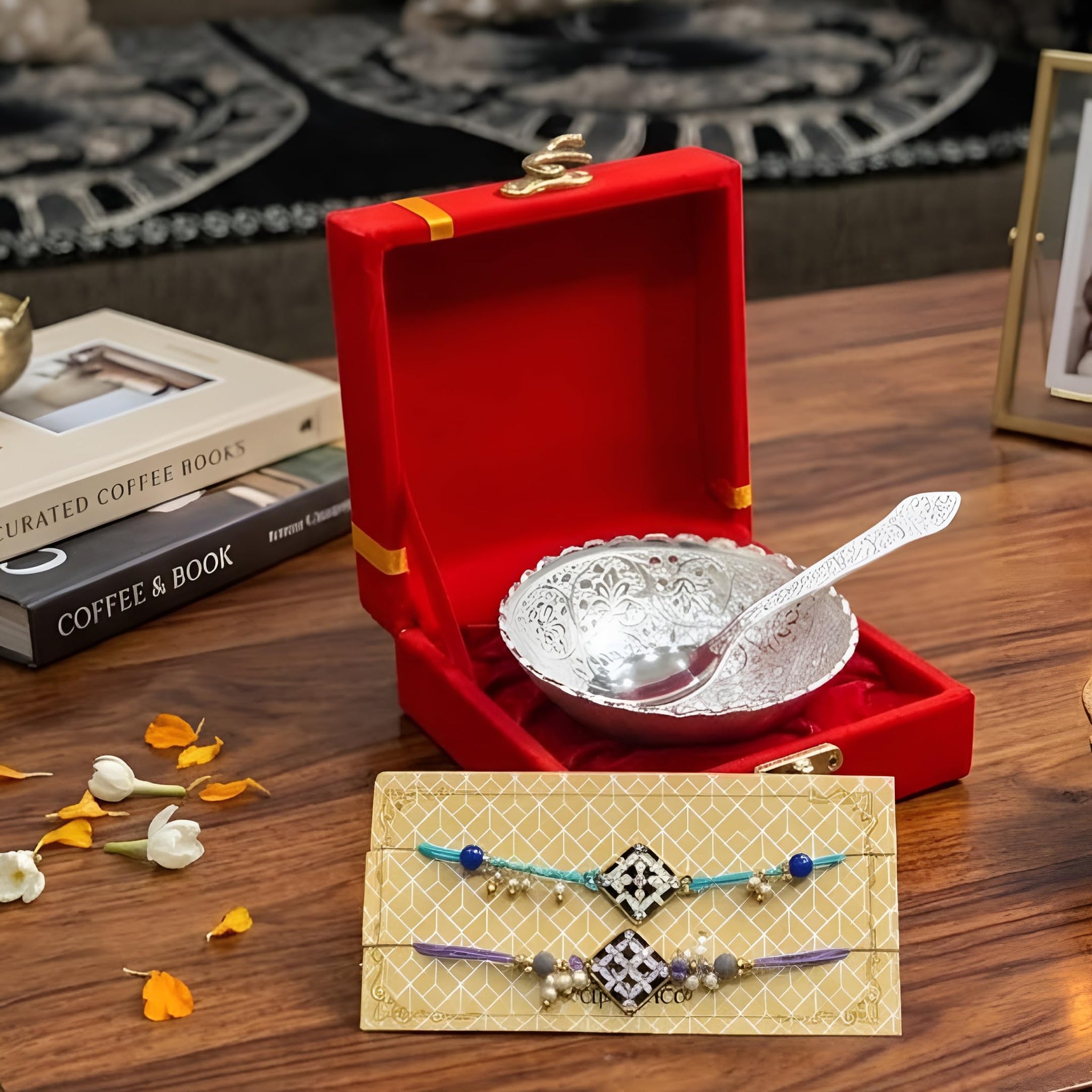 Piepot Rakhi for Brother, Rakhi Gift Set for Brother, German Silver Bowl and Spoon with Designer Rakhi, Raksha Bandhan Gift H