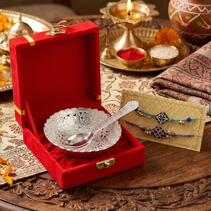 Piepot Rakhi for Brother, Rakhi Gift Set for Brother, German Silver Bowl and Spoon with Designer Rakhi, Raksha Bandhan Gift H