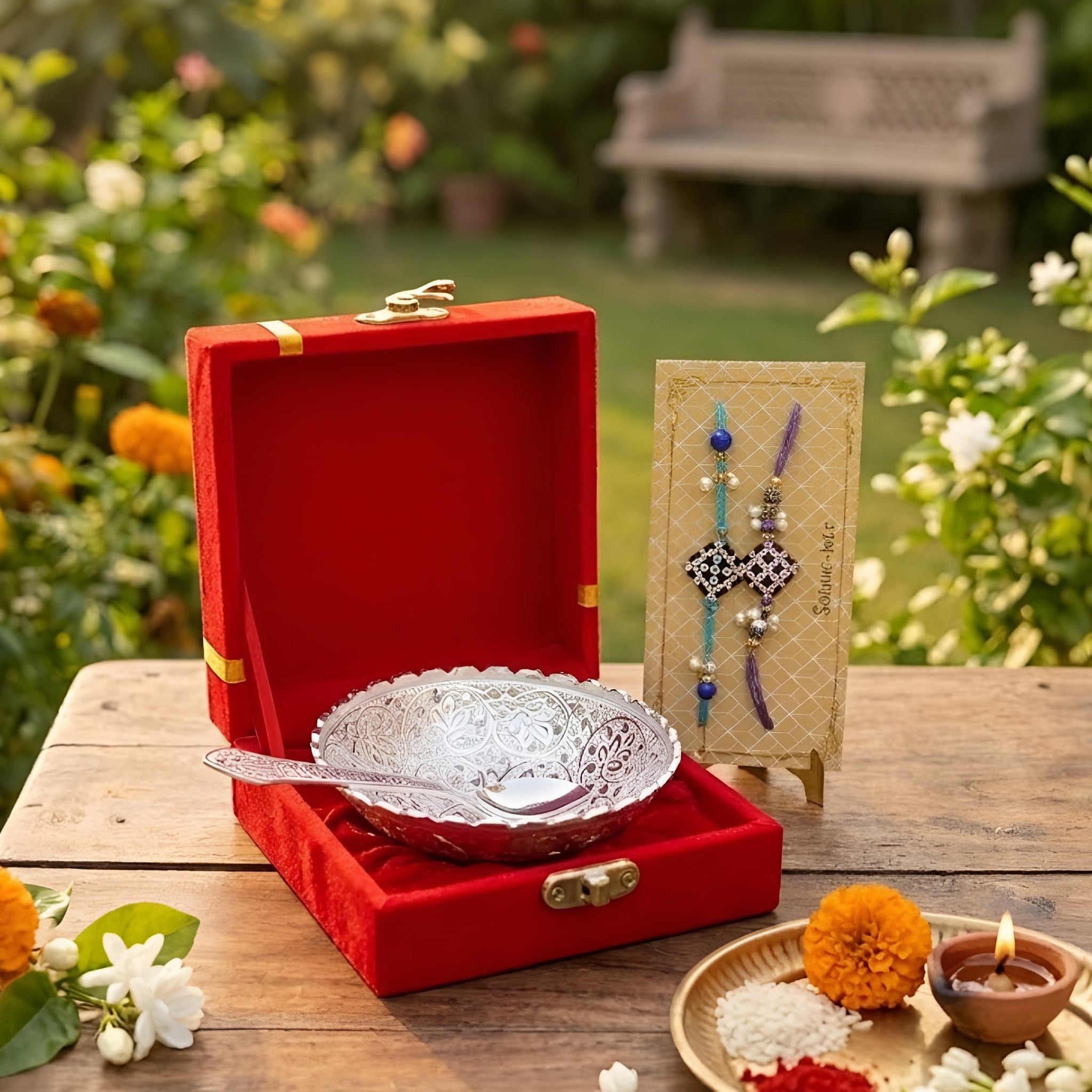 Piepot Rakhi for Brother, Rakhi Gift Set for Brother, German Silver Bowl and Spoon with Designer Rakhi, Raksha Bandhan Gift H