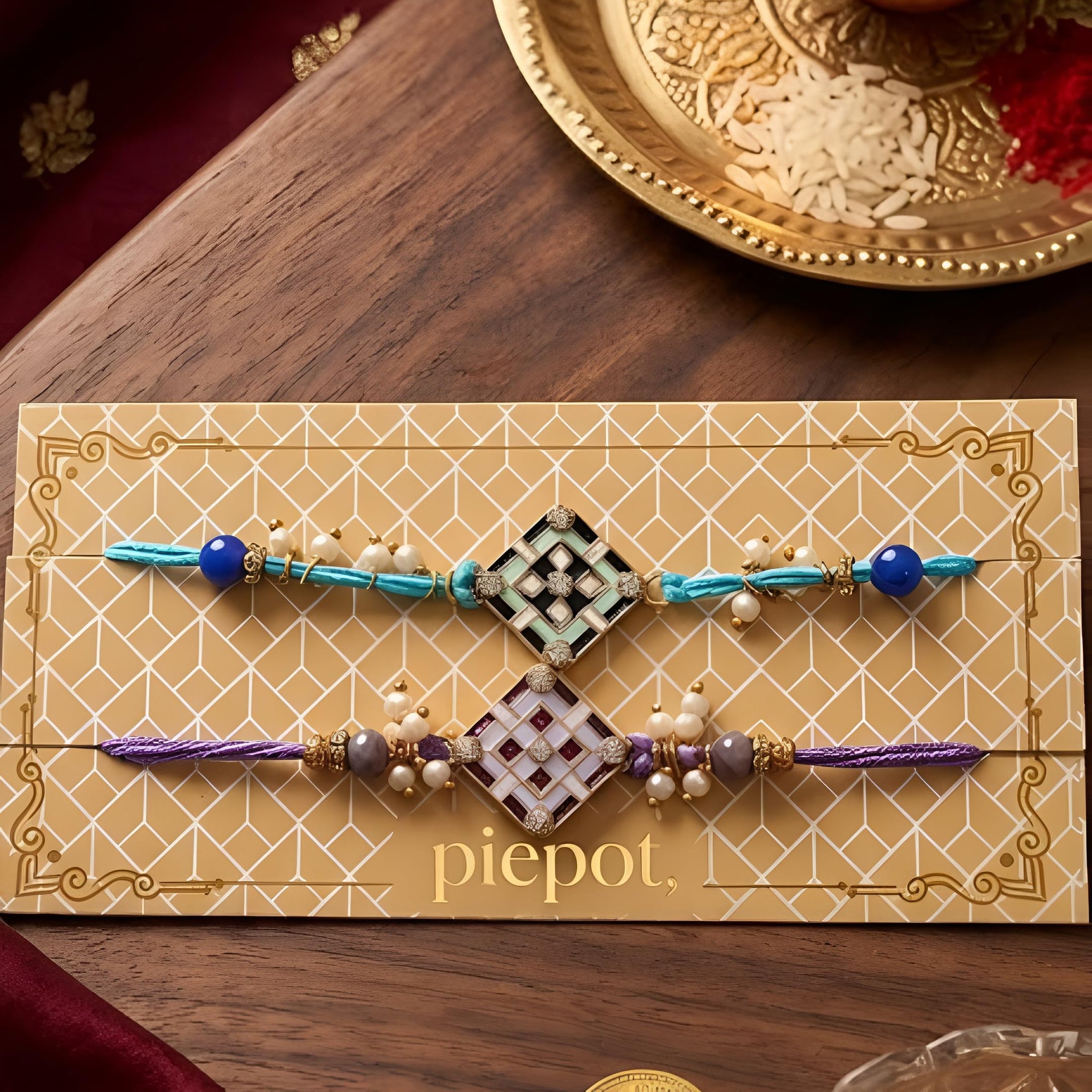 Piepot Rakhi for Brother, Rakhi Gift Set for Brother, German Silver Bowl and Spoon with Designer Rakhi, Raksha Bandhan Gift H