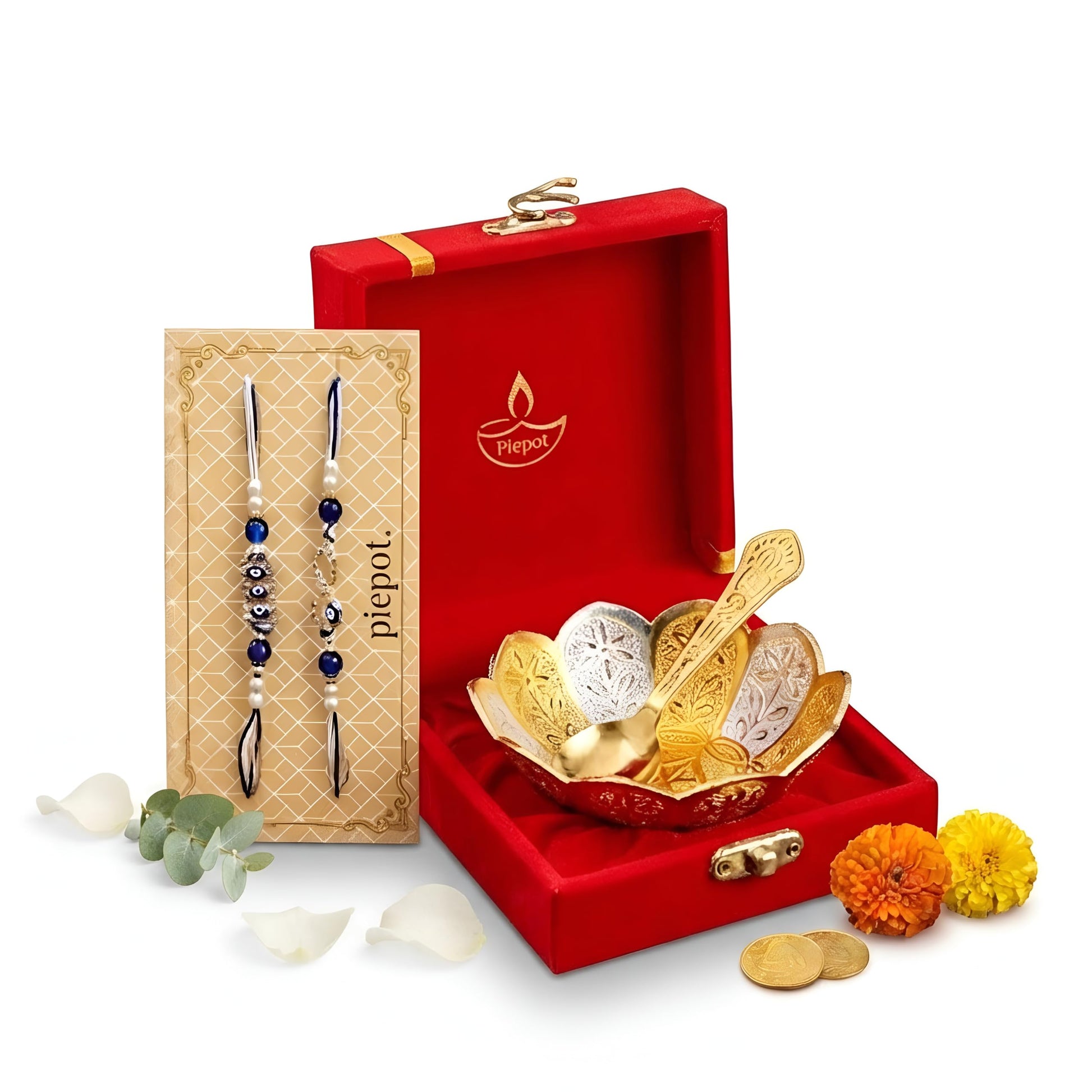 Piepot Rakhi for Brother, Rakhi Gift Set for Brother, German Silver Bowl and Spoon with Designer Rakhi, Raksha Bandhan Gift H