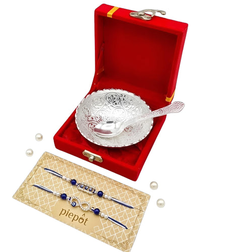 Piepot Rakhi for Brother, Rakhi Gift Set for Brother, German Silver Bowl and Spoon with Designer Rakhi, Raksha Bandhan Gift H