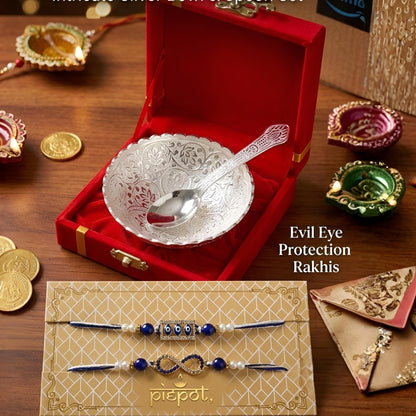 Piepot Rakhi for Brother, Rakhi Gift Set for Brother, German Silver Bowl and Spoon with Designer Rakhi, Raksha Bandhan Gift H
