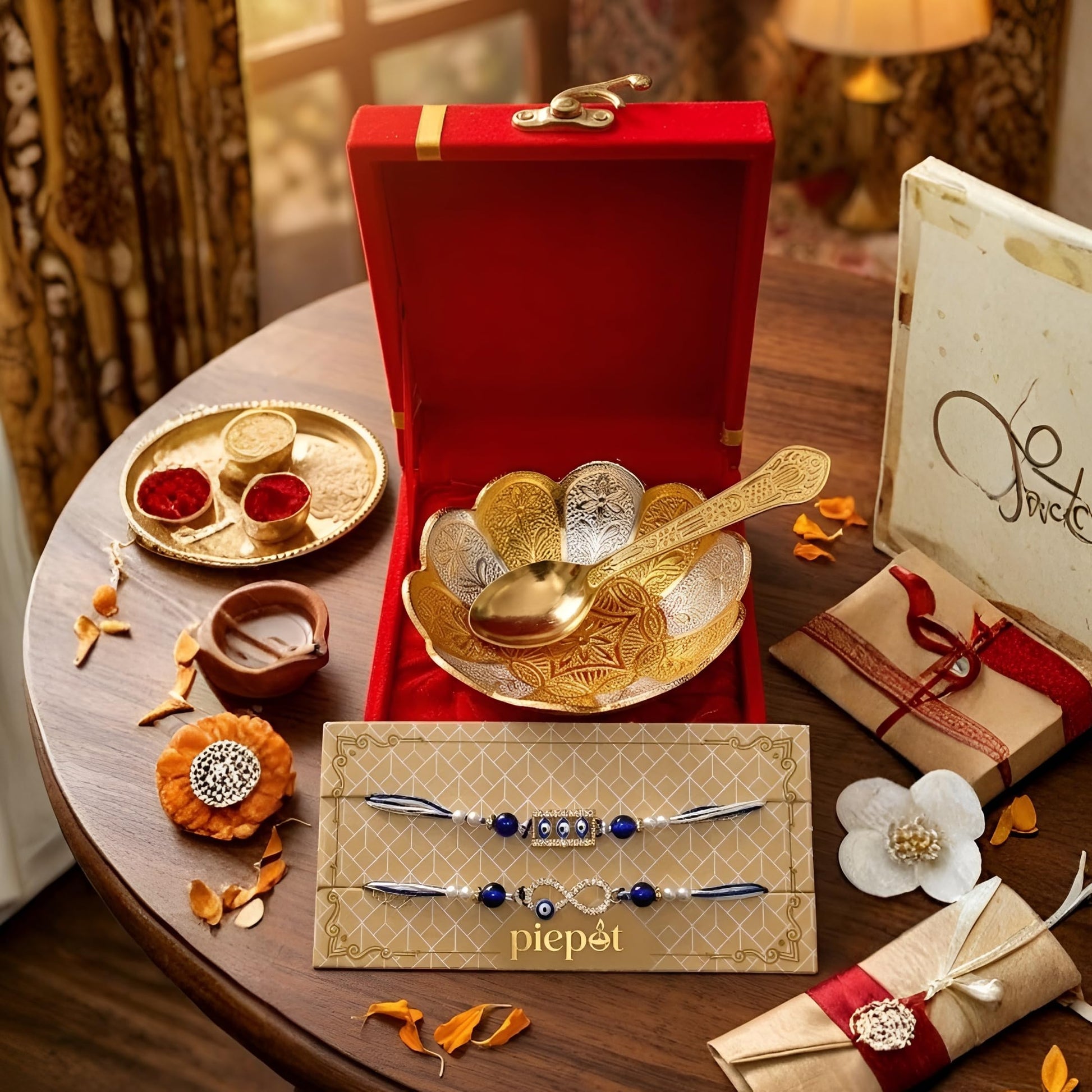 Piepot Rakhi for Brother, Rakhi Gift Set for Brother, German Silver Bowl and Spoon with Designer Rakhi, Raksha Bandhan Gift H