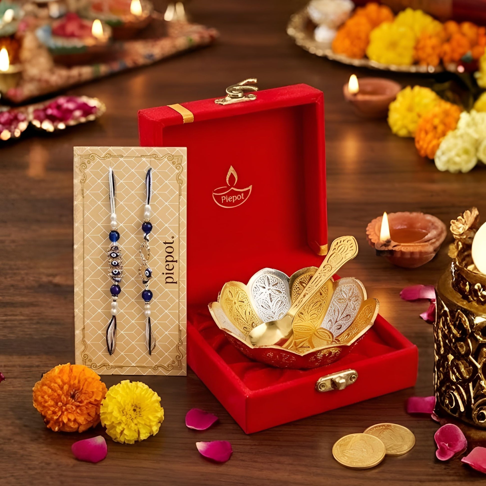 Piepot Rakhi for Brother, Rakhi Gift Set for Brother, German Silver Bowl and Spoon with Designer Rakhi, Raksha Bandhan Gift H