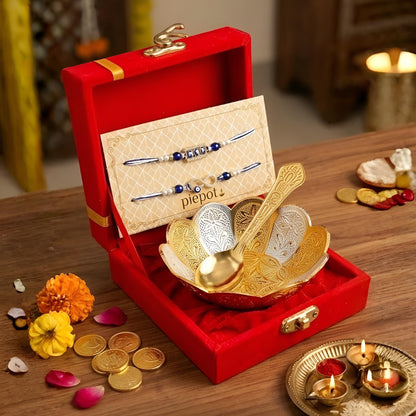 Piepot Rakhi for Brother, Rakhi Gift Set for Brother, German Silver Bowl and Spoon with Designer Rakhi, Raksha Bandhan Gift H
