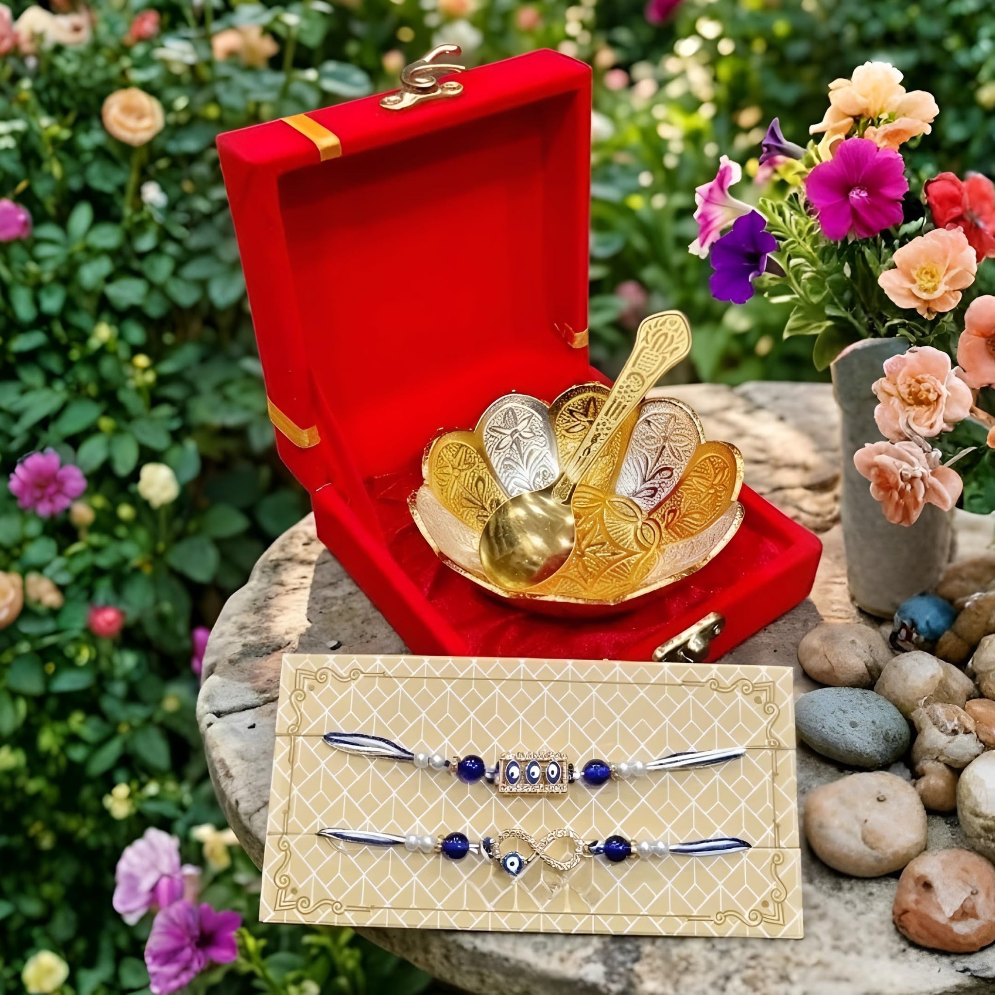 Piepot Rakhi for Brother, Rakhi Gift Set for Brother, German Silver Bowl and Spoon with Designer Rakhi, Raksha Bandhan Gift H