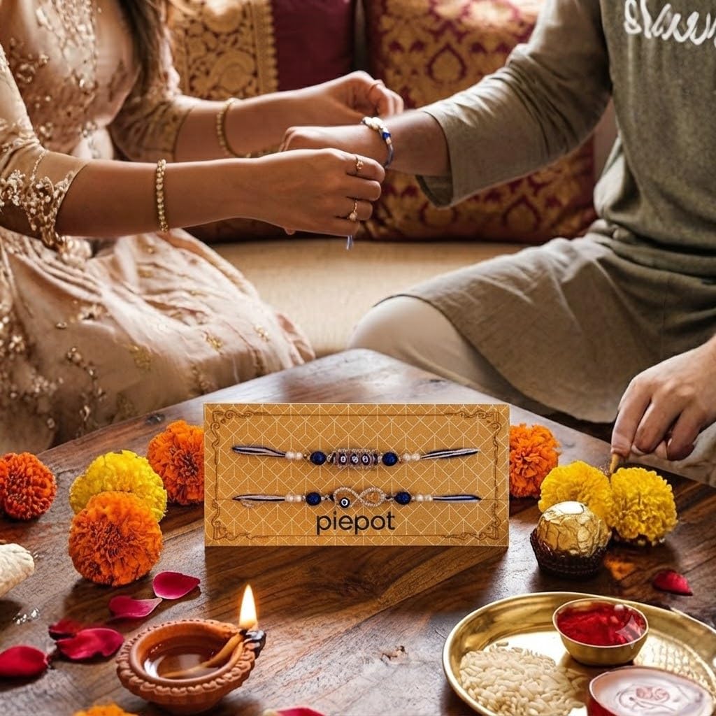 Piepot Rakhi for Brother, Rakhi Gift Set for Brother, German Silver Bowl and Spoon with Designer Rakhi, Raksha Bandhan Gift H