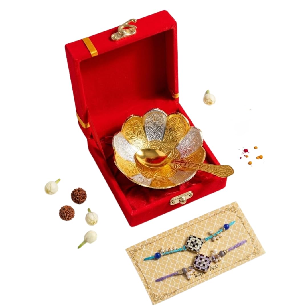 Piepot Rakhi for Brother, Rakhi Gift Set for Brother, German Silver Bowl and Spoon with Designer Rakhi, Raksha Bandhan Gift H