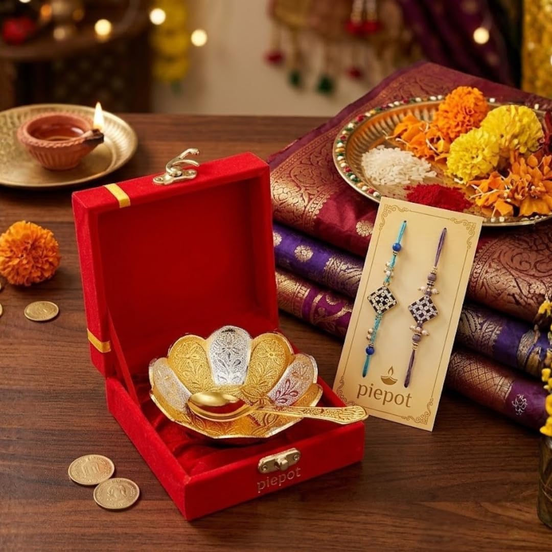 Piepot Rakhi for Brother, Rakhi Gift Set for Brother, German Silver Bowl and Spoon with Designer Rakhi, Raksha Bandhan Gift H