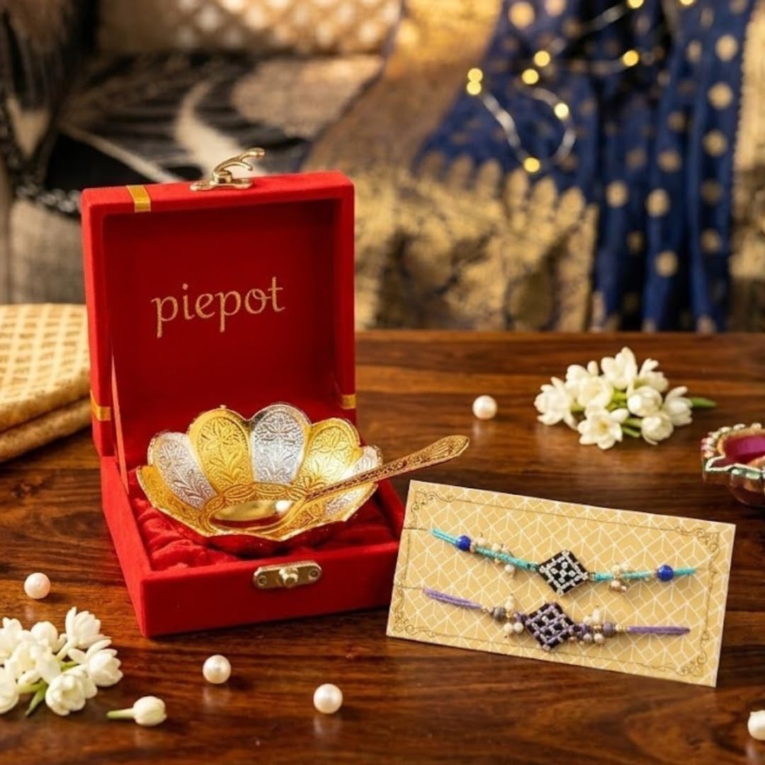 Piepot Rakhi for Brother, Rakhi Gift Set for Brother, German Silver Bowl and Spoon with Designer Rakhi, Raksha Bandhan Gift H