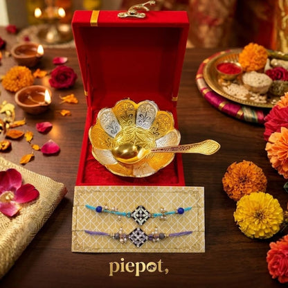 Piepot Rakhi for Brother, Rakhi Gift Set for Brother, German Silver Bowl and Spoon with Designer Rakhi, Raksha Bandhan Gift H