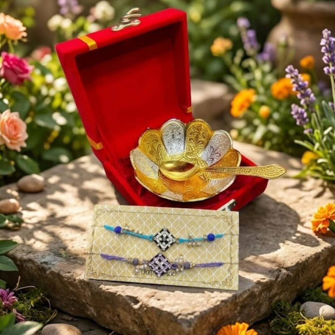 Piepot Rakhi for Brother, Rakhi Gift Set for Brother, German Silver Bowl and Spoon with Designer Rakhi, Raksha Bandhan Gift H
