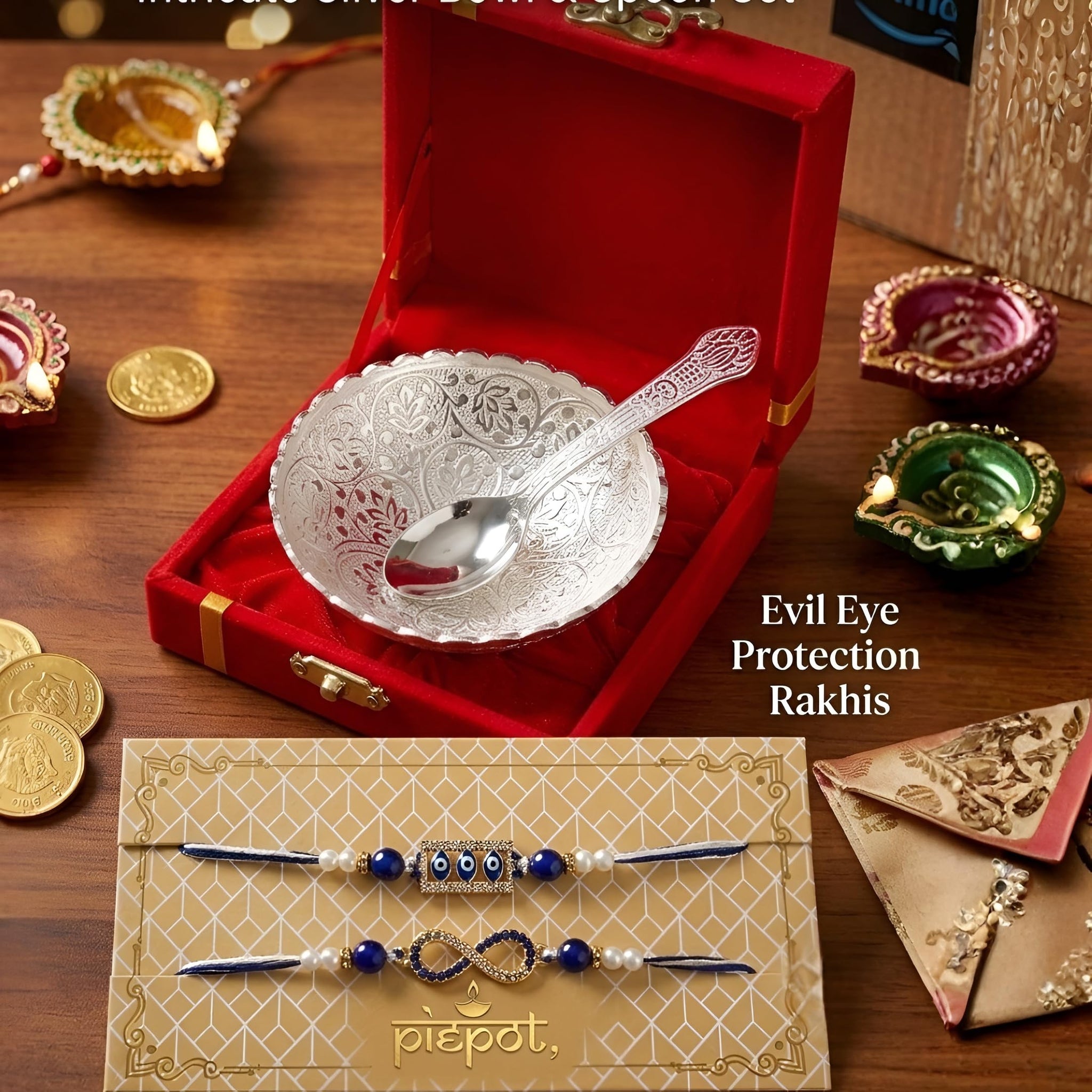 Piepot Rakhi for Brother, Rakhi Gift Set for Brother, German Silver Bowl and Spoon with Designer Rakhi, Raksha Bandhan Gift H