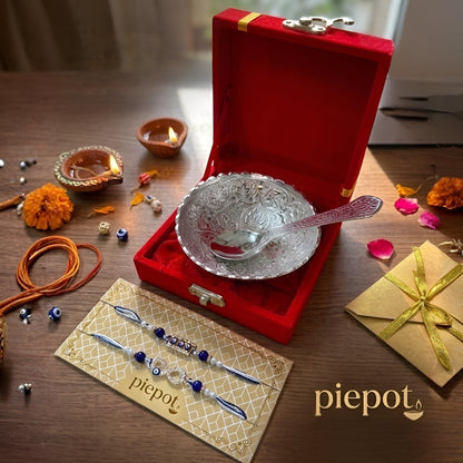 Piepot Rakhi for Brother, Rakhi Gift Set for Brother, German Silver Bowl and Spoon with Designer Rakhi, Raksha Bandhan Gift H