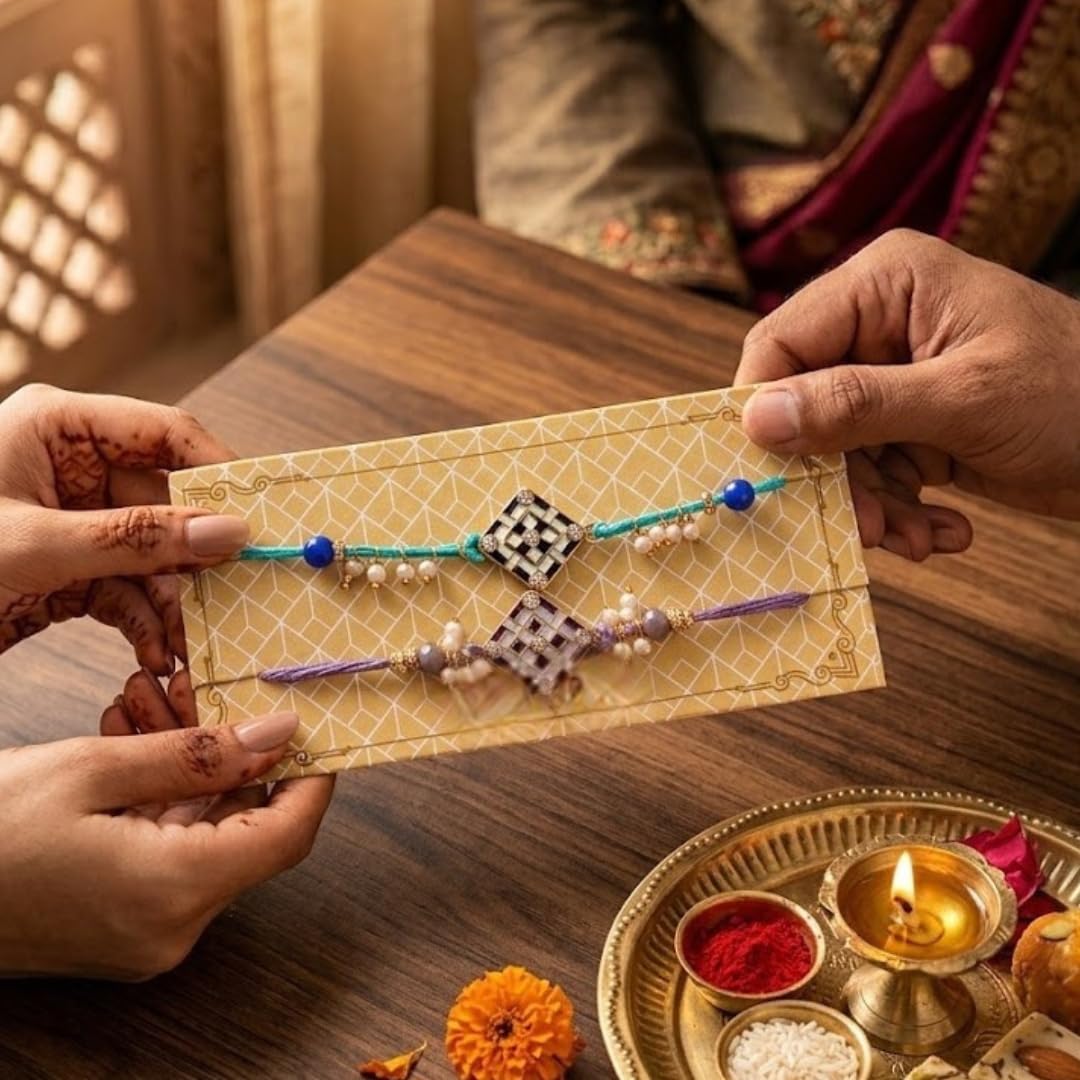 Piepot Rakhi for Brother, Rakhi Gift Set for Brother, German Silver Bowl and Spoon with Designer Rakhi, Raksha Bandhan Gift H