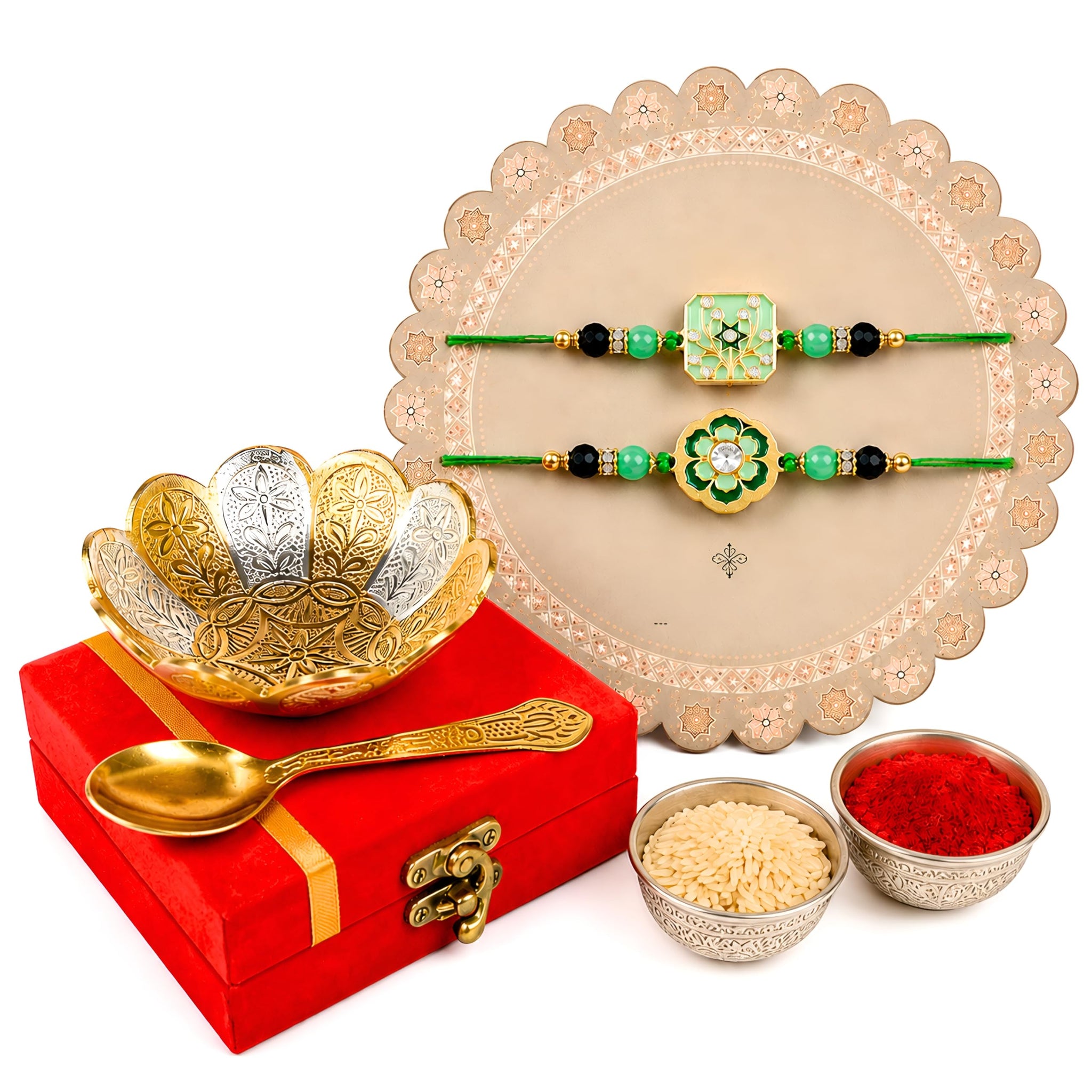 Piepot Rakhi for Brother, Rakhi Gift Set for Brother, German Silver Bowl and Spoon with Designer Rakhi, Raksha Bandhan Gift H