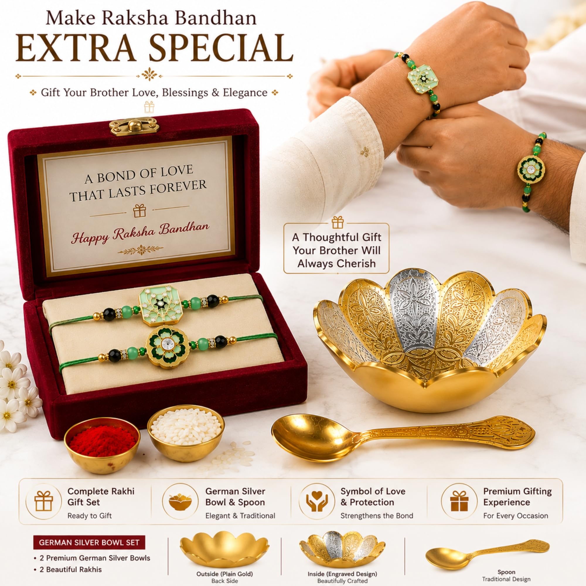 Piepot Rakhi for Brother, Rakhi Gift Set for Brother, German Silver Bowl and Spoon with Designer Rakhi, Raksha Bandhan Gift H