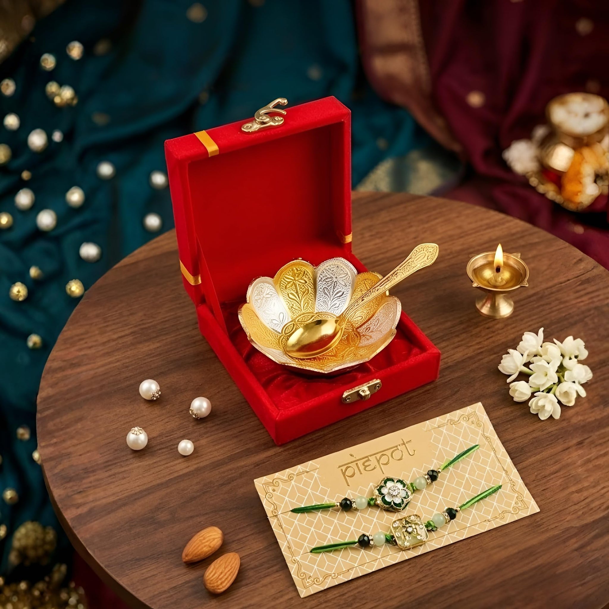 Piepot Rakhi for Brother, Rakhi Gift Set for Brother, German Silver Bowl and Spoon with Designer Rakhi, Raksha Bandhan Gift H
