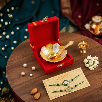 Piepot Rakhi for Brother, Rakhi Gift Set for Brother, German Silver Bowl and Spoon with Designer Rakhi, Raksha Bandhan Gift H