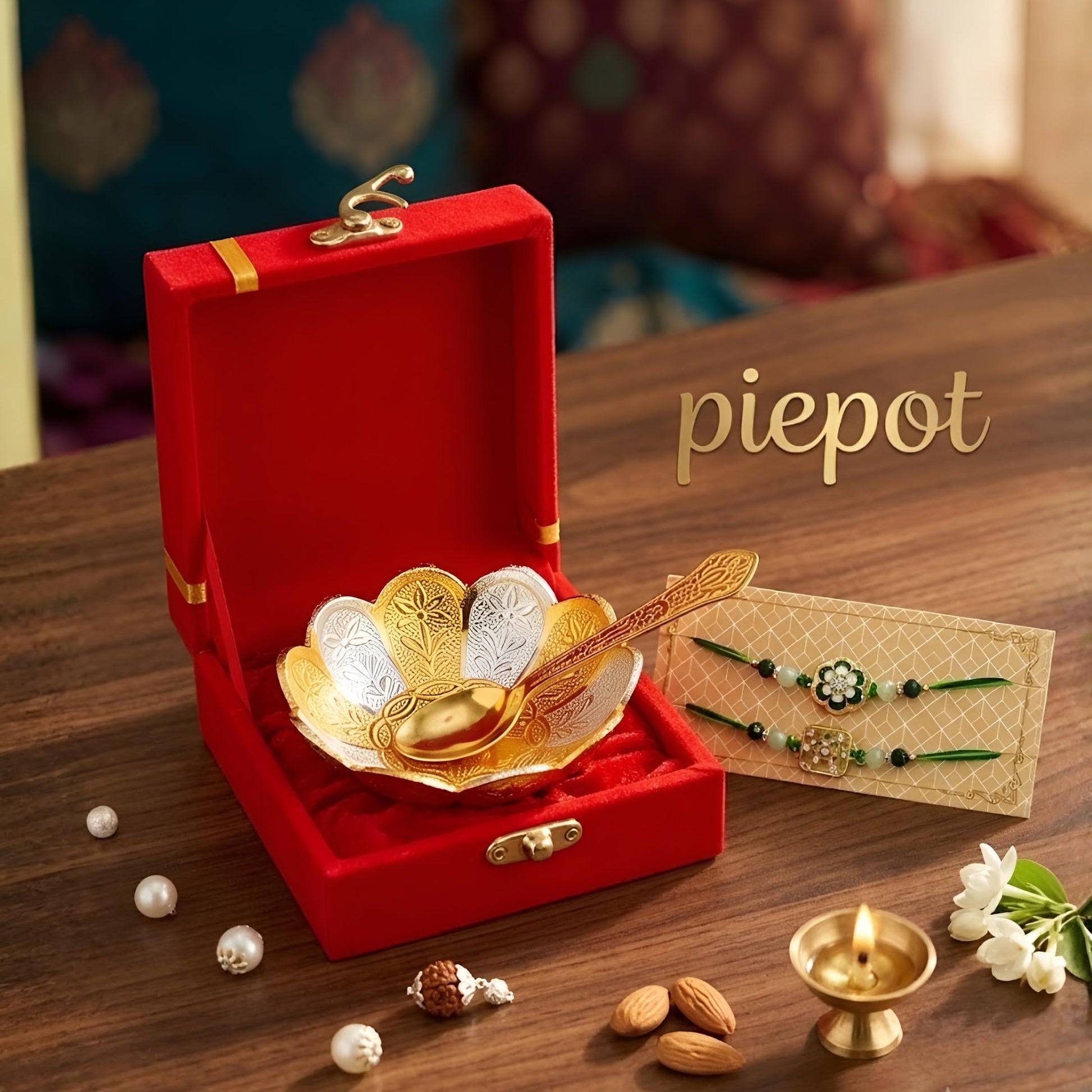 Piepot Rakhi for Brother, Rakhi Gift Set for Brother, German Silver Bowl and Spoon with Designer Rakhi, Raksha Bandhan Gift H