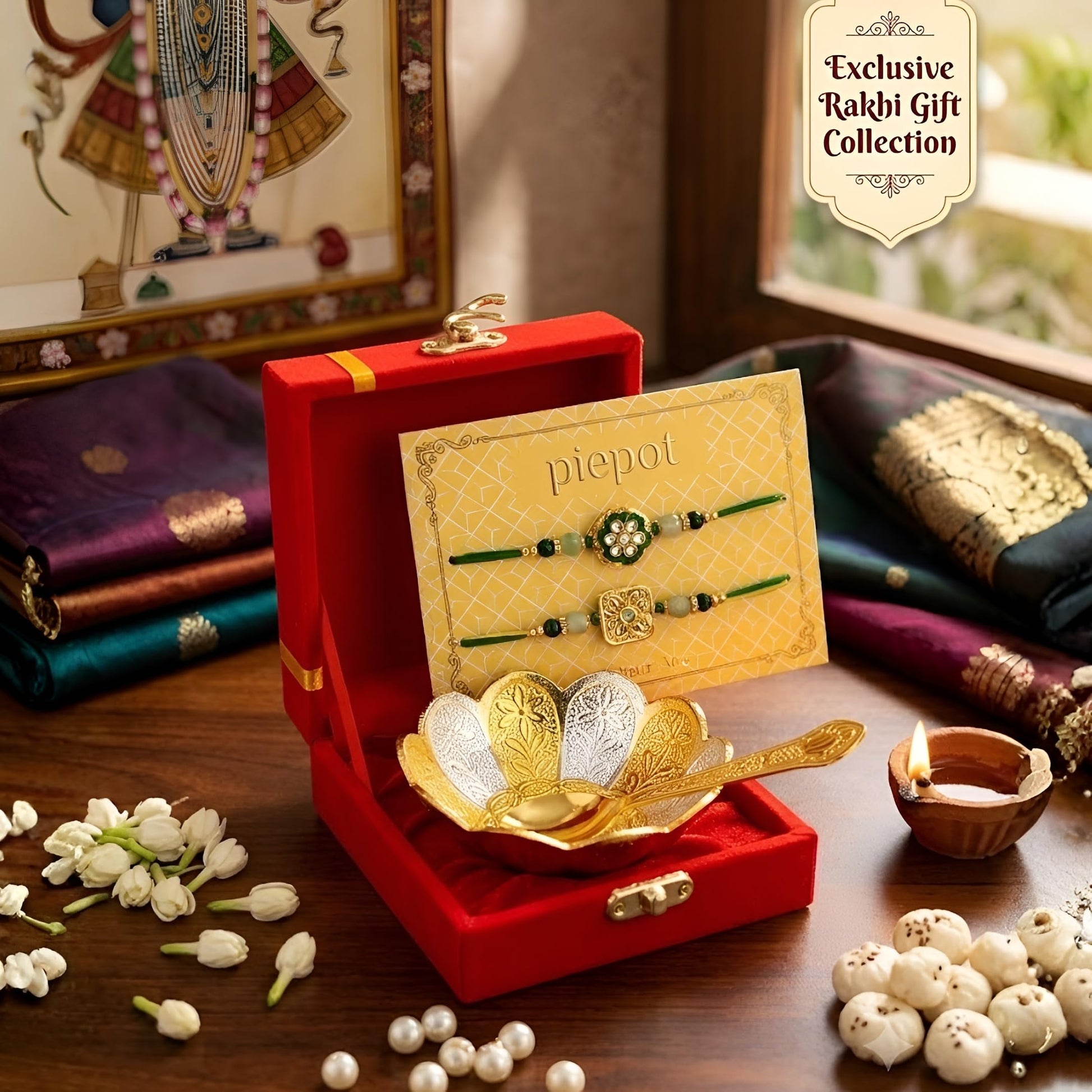 Piepot Rakhi for Brother, Rakhi Gift Set for Brother, German Silver Bowl and Spoon with Designer Rakhi, Raksha Bandhan Gift H