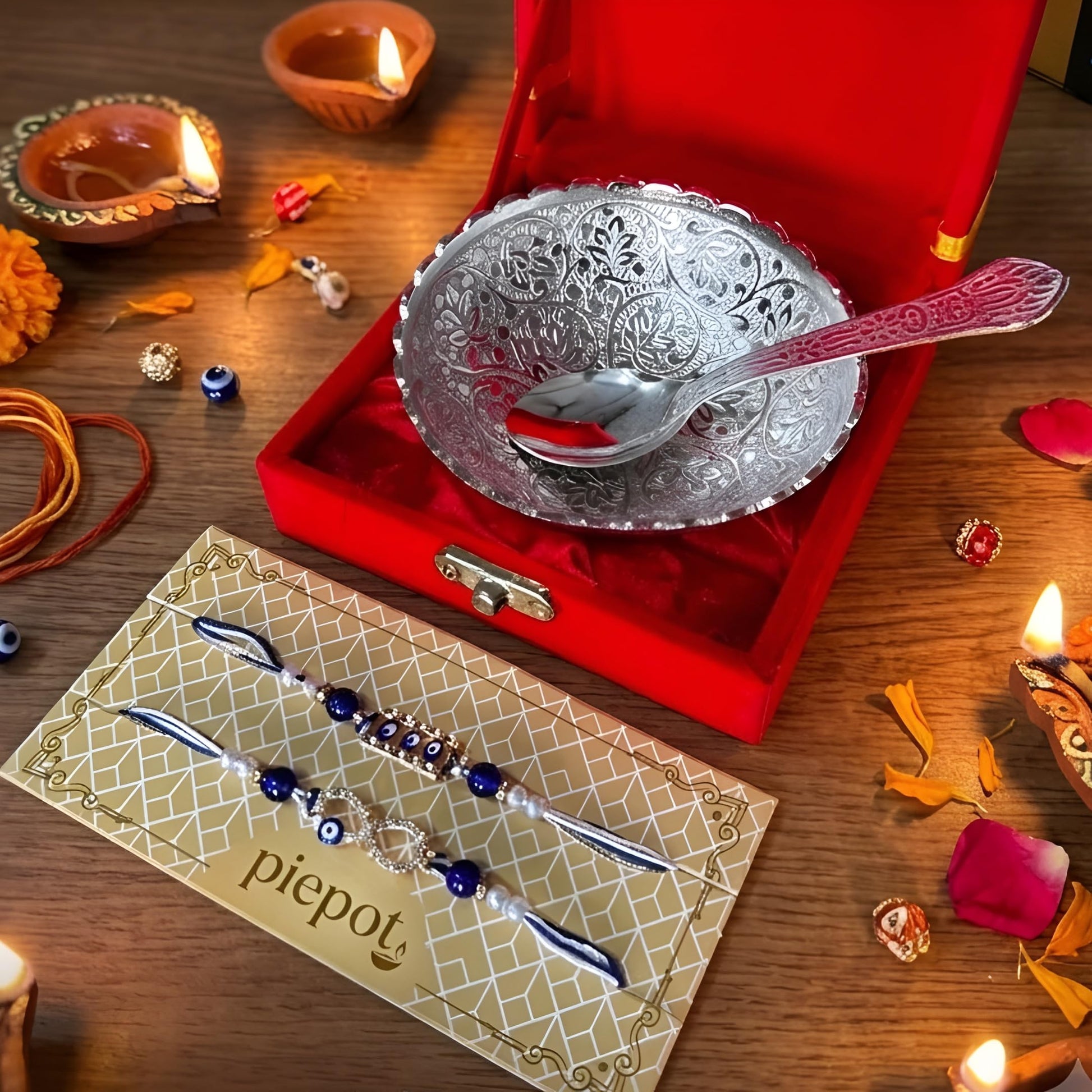 Piepot Rakhi for Brother, Rakhi Gift Set for Brother, German Silver Bowl and Spoon with Designer Rakhi, Raksha Bandhan Gift H