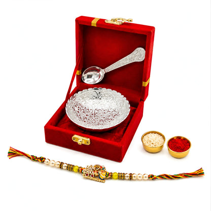 Piepot Rakhi for Brother, Rakhi Gift Set for Brother, German Silver Bowl and Spoon with Designer Rakhi, Raksha Bandhan Gift H